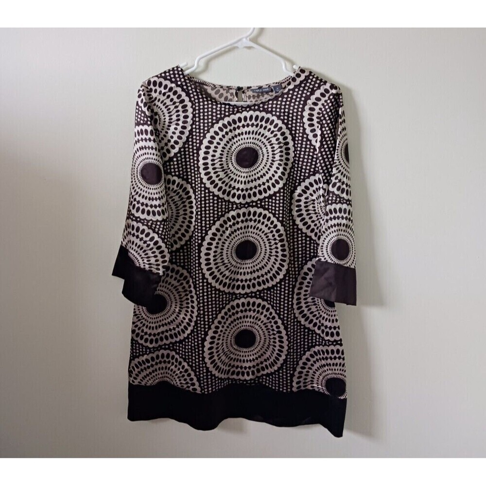 Apt 9 Tunic Mini Dress Women Brown Beige Geometric Circle 3/4 Sleeve Size M